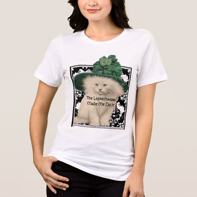 T-shirt Cat Green Hat O Leprechaun Me Fez Fazer Isso (Frente)