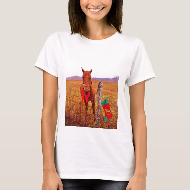 T-shirt Cavalo de Natal com arco e estocagem (Frente)