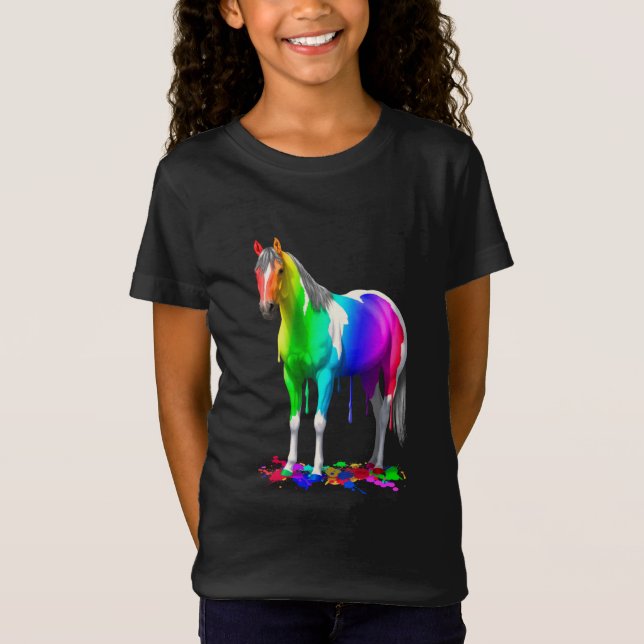 T-shirt Cavalo De Tinta Molhada, Colorido, Arco-Íris (Frente)