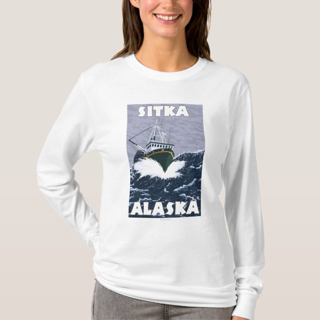 T-shirt Cena do barco de pesca - Sitka, Alaska (Frente)