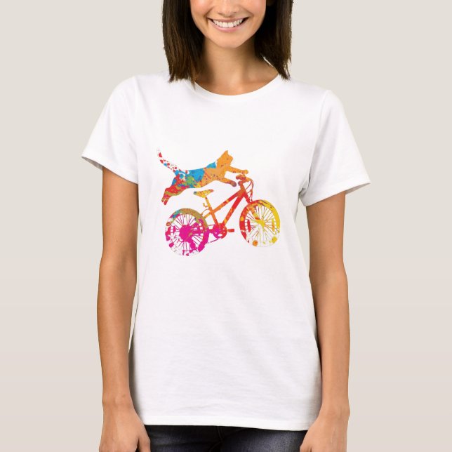 T-shirt Chat drôle sur un vélo en peinture. (Frente)