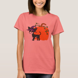 T-shirt Chihuahua branca & preta com abóbora do Dia das