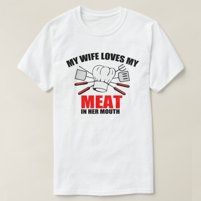 T-shirt CHURRASCO, minha esposa ama minha carne. (Frente do Design)