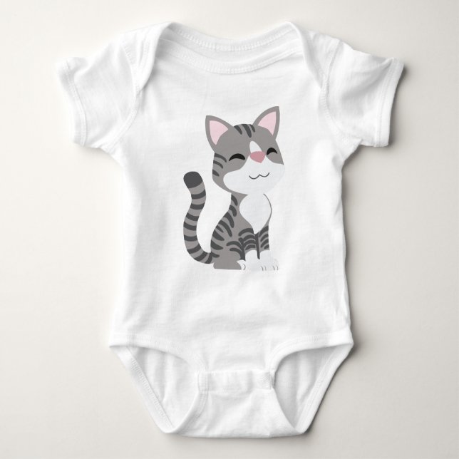 T-shirt Cinza Sorridente Bonita por Gato (Frente)