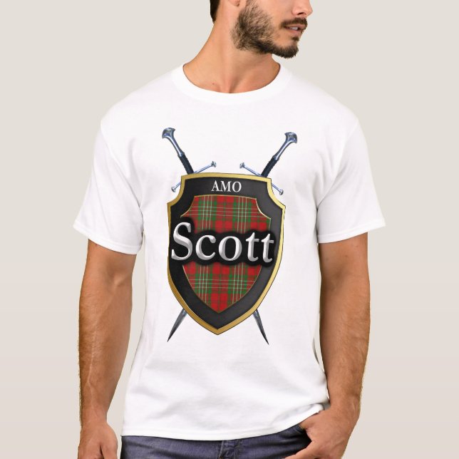 T-shirt Clan Scott Tartan Xadrez Shield & Espadas (Frente)
