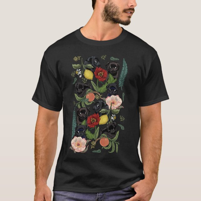 T-Shirt Clássico de Pugs Botânicos e Pretos 231 (Frente)