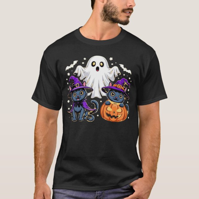 T-Shirt Clássico Gato Abobora Fantasma Bonito de H (Frente)
