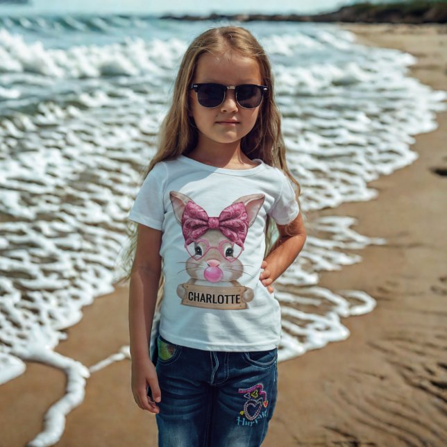 T-Shirt Coelho de Páscoa Personalizado com Nome (Personalized Girls Easter Bunny T-Shirt with Name)