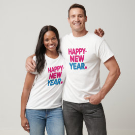 T-shirt colorida, cor-de-rosa e Feliz ano novo azu