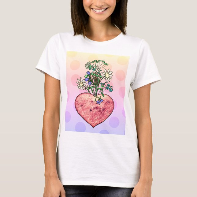 T-Shirt com coração e flores silvestres (Frente)