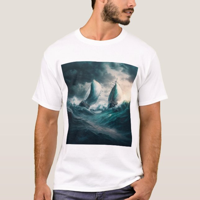 T-Shirt com dois barcos à vela na tempestade (Frente)