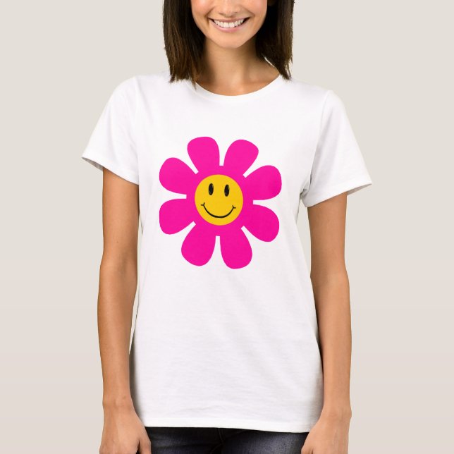 T-Shirt Com Face De Sorriso De Flor Rosa (Frente)
