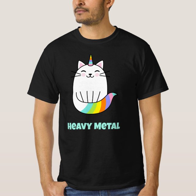 T-Shirt com gato-do-arco-íris de metal pesado engr (Frente)