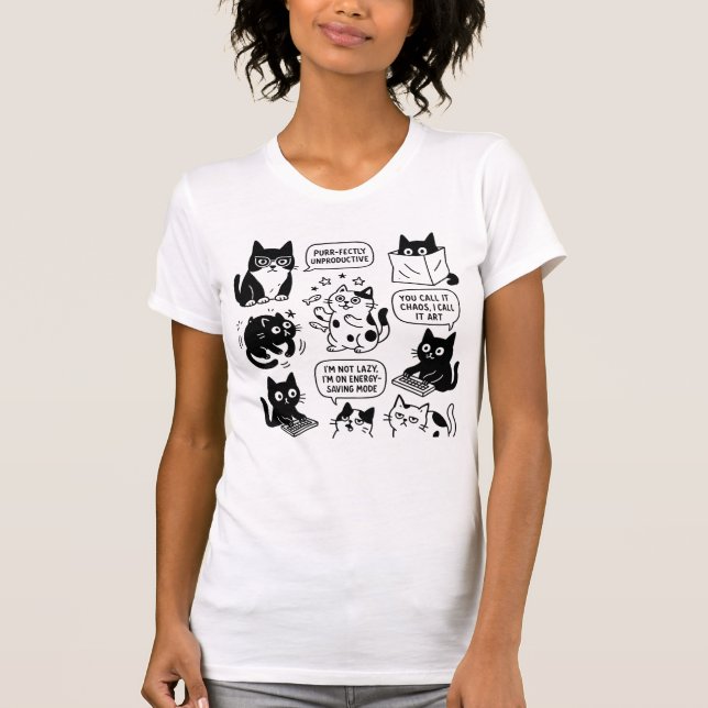 T-Shirt com Padrão de Gato Negro e Branco Engraçad (Frente)