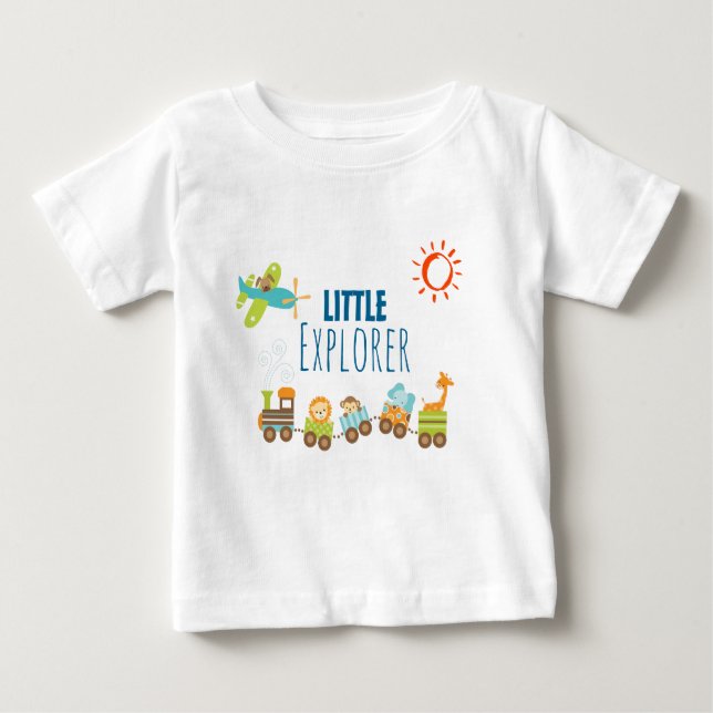 T-shirt Comboio de Brinquedos e Avião Pequeno Explorador (Frente)