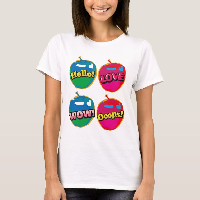 T-shirt Comic Wow Hello Love Pink Apple Pop Art (Frente)