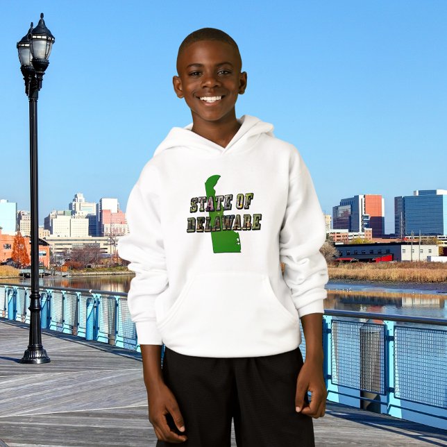 T-shirt Contorno de Texto e Mapa do Estado de Delaware (State of Delaware Picture Text and Map Hoodie)