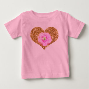 T-shirt Coração de Brilho Falso Dourado Rosa Diamante Rosa