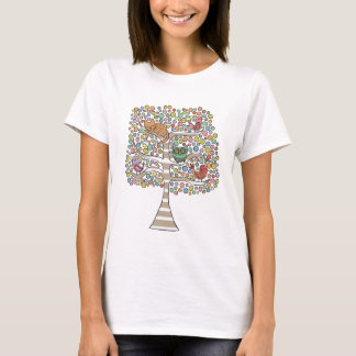 T-shirt Coruja de Gato e Pássaros Bonitos Sentados em uma 
