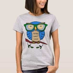 T-shirt Coruja Fofa com Óculos Verde
