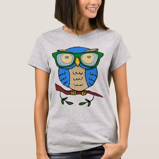 T-shirt Coruja Fofa com Óculos Verde (Frente)