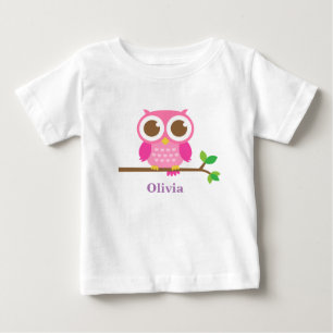 T-shirt Coruja Rosa Fofa Em Galho Menina Bebê Personalizad
