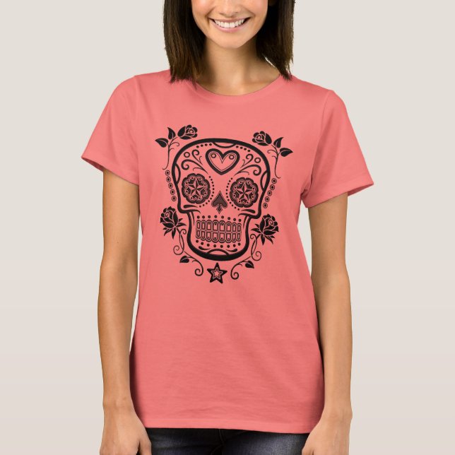 T-shirt Crânio Negro com Rosas (Frente)