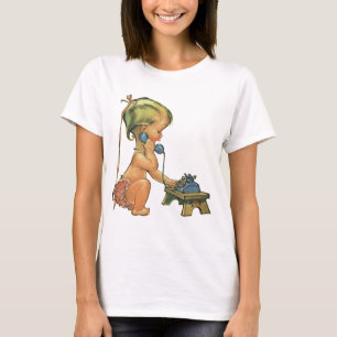 T-shirt Criança Antiga Fofa Menina Loira Falando no Telefo