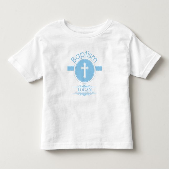 T-shirt Criança Azul e Personalizável do Batismo de Deus (Frente)