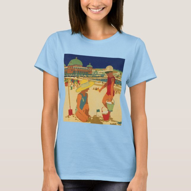 T-shirt Crianças Antigas, Irmãs Férias em Família na Praia (Frente)