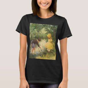 T-shirt Crianças Antigas, Menino e Menina Brincando ao lad