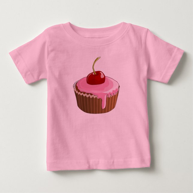 T-shirt Cupcake de glacê rosa bonita com cereja (Frente)