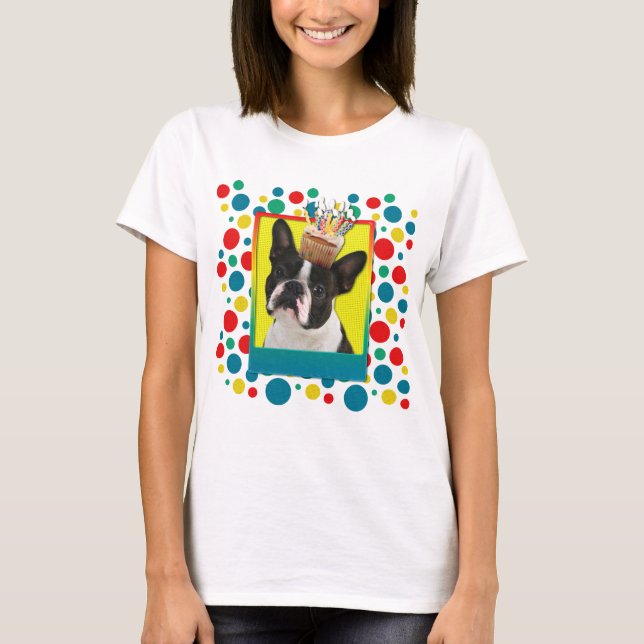 T-shirt Cupcake do aniversário - Boston Terrier (Frente)
