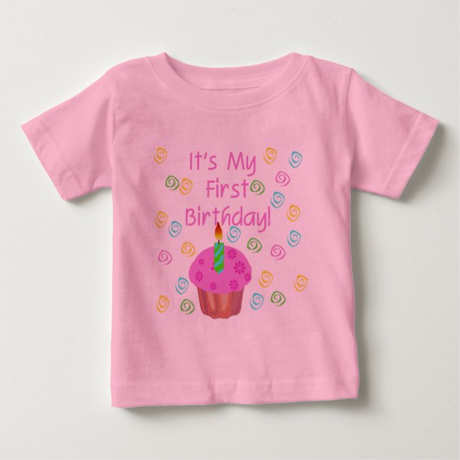 T-shirt Cupcake Rosa Com Vela Primeiro Aniversário (Frente)