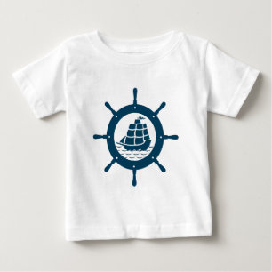 T-shirt Cute Ilustração de Roda de Barco Náutico Azul-Mari