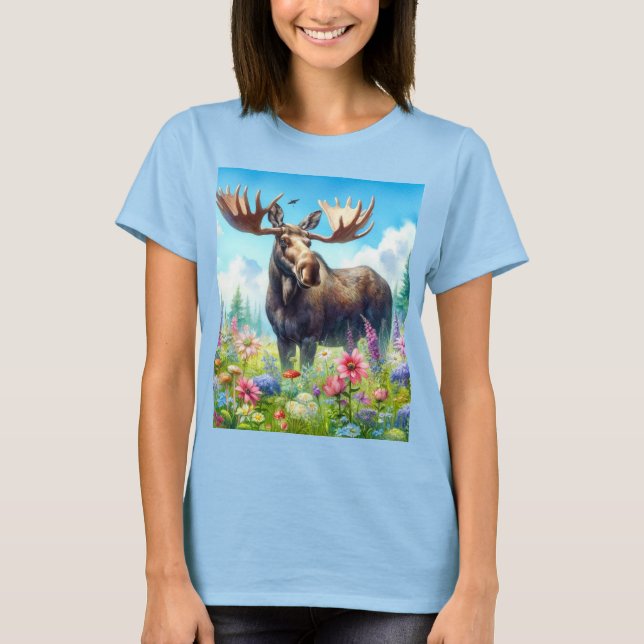 T-Shirt Cute Moose e Flores Selvagens (Frente)