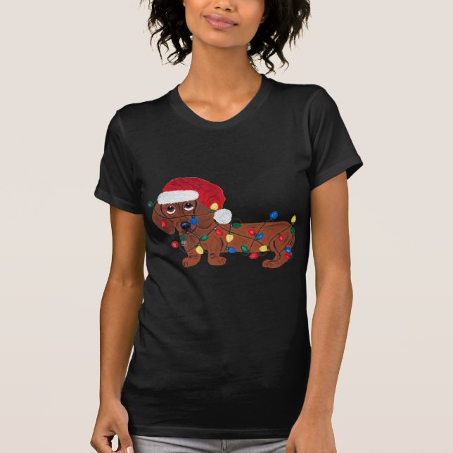 T-shirt Dachshund Enroscado Em Luzes De Natal  (Frente)
