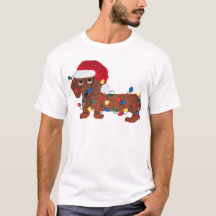T-shirt Dachshund Tangled nas luzes de Natal (vermelhas)