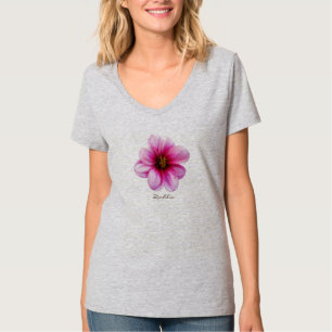 T-shirt Dália cor-de-rosa da flor com texto todas as core