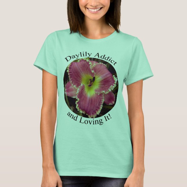 T-shirt Daylily Addict e Adorando com Rosa (Frente)