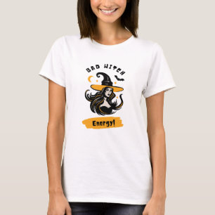 T-Shirt de Bruxa Ilustrativa Laranja Negra