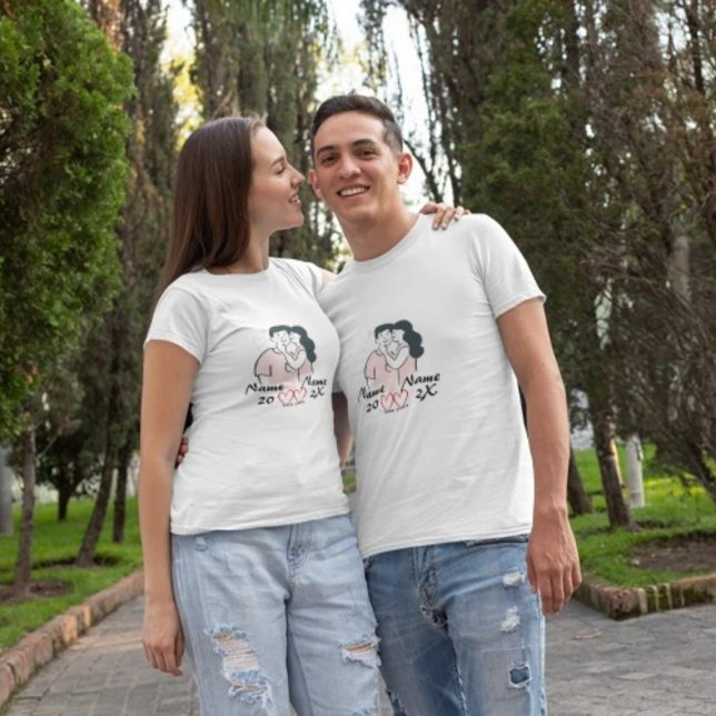 T-Shirt de Casais Personalizados - Nomes e Data Pe (Name Personalized Couple t-shirt for Valentine's day and parties)
