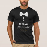 T-shirt de Casamento Branca de Padrinho de casamen<br><div class="desc">Estas t-shirts divertidas são concebidas como favores ou presentes para padrinhos de casamento de casamento. A t-shirt é preta e apresenta uma imagem de uma gravata branca de arco e três botões. O texto diz Padrinho de casamento e tem um lugar para inserir o nome do padrinho de casamento, assim...</div>
