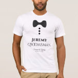 T-shirt de Casamento Preto do Padrinho de casament<br><div class="desc">Estas t-shirts divertidas são concebidas como favores ou presentes para padrinhos de casamento de casamento. A t-shirt é branca e apresenta uma imagem de uma gravata preta de arco e três botões. O texto diz Padrinho de casamento e tem um lugar para inserir o nome do padrinho de casamento, assim...</div>