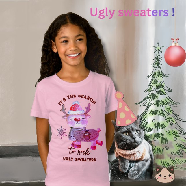 T-Shirt De Cerveja Rosa, Gelado, Suave (Ugly Sweater Cute Pink Deer T-Shirt)