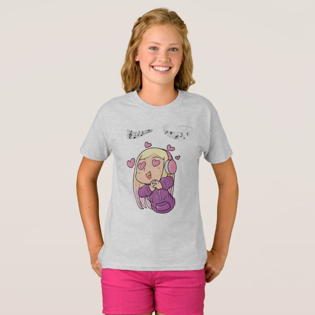 T-Shirt de Folga Curta para Meninas com Kawaii Gir (Frente Completa)