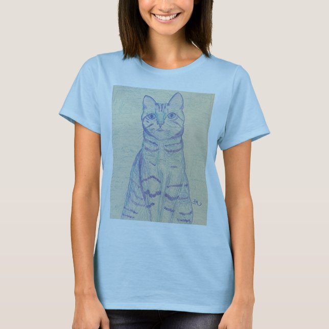 T-Shirt de Gato Azul Claro (Frente)