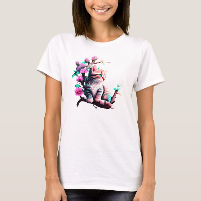 T-Shirt De Gato Com Flor Acrílico (Frente)