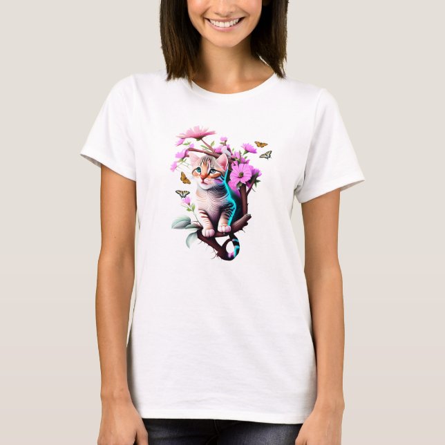 T-Shirt De Gato Com Flor Acrílico (Frente)