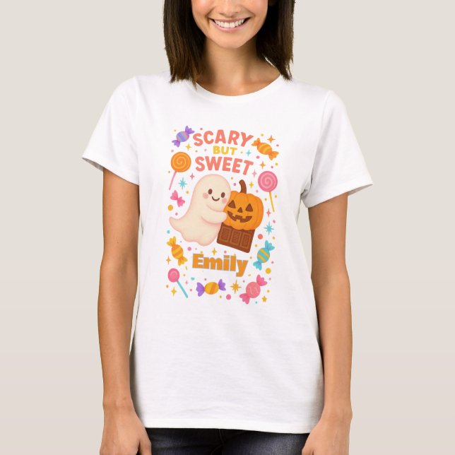 T-Shirt de Halloween Doce e Assustador Personaliza (Frente)